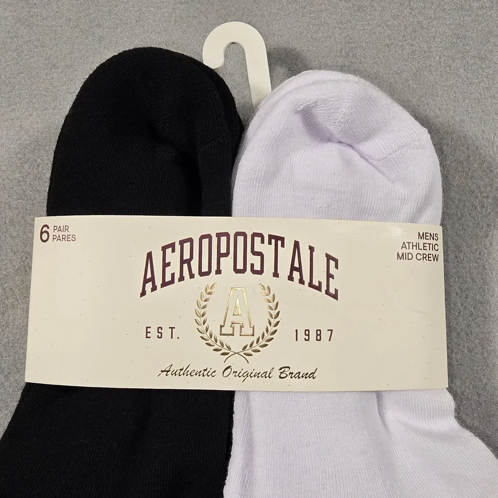 NWT 6-Pack Aeropostale Mens 6-12 Black White Crew Socks Athletic Aero 87 Graphic